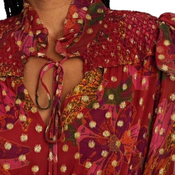 FARM Rio Maroon & Gold Banana Flowers Smocked Mini Dress - Size XL - Picture 6 of 13